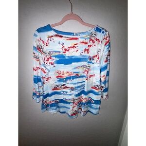 Charter Club Top Womens Large Multicolored Long Sleeve Boat Neck Scenic Nautical